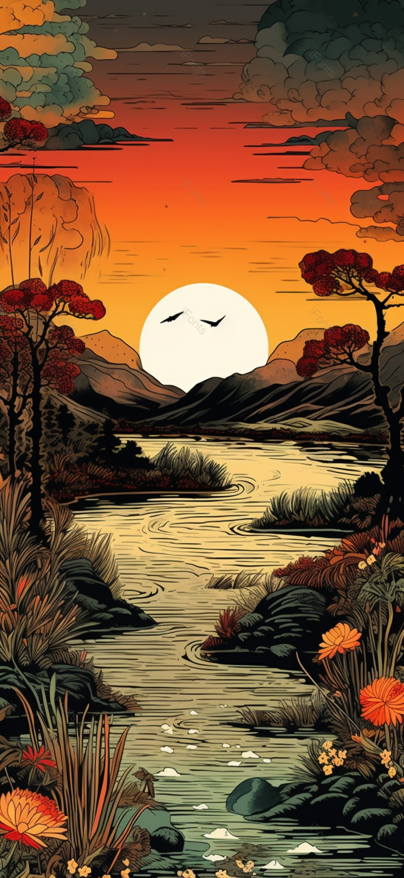 夏日湖边夕阳晚霞小溪流水风景插画,插画/手绘图,插画/手绘图库,插画/手绘图下载,插画/手绘